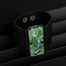 Green Black Marbled Glass and Leather Cuff