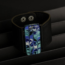 Blue White Marbled Glass and Leather Cuff
