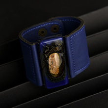 Deep Blue Wide Glass and Leather Cuff