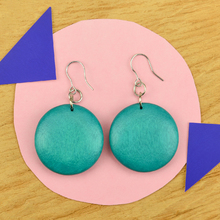 Turquoise Rounded Wooden Disc Earrings