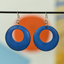 Denim Blue Round Cut Out Wooden Earrings