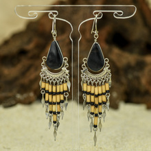 Black Onyx with Alpaca and Bamboo Inca Earrings