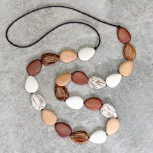 Natural Combination with Coconut Palmwood Flat Drops Long Wooden Necklace