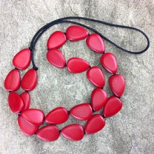 Red Stephanie Flat Drops Long Wooden Necklace