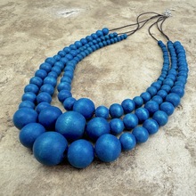 Denim Blue Matilda Triple Strand Spheres Short Wooden Necklace