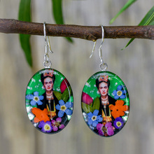 Frida Kahlo Mexican Flowers Green Medium Hook Earrings