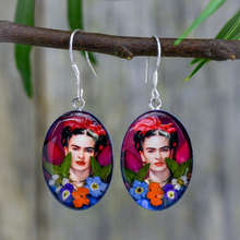 Frida Kahlo Mexican Flowers Red Bow Medium Hook Earrings