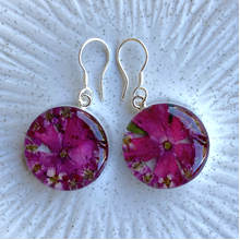 Fuchsia Mexican Flowers Round Medium Hook Earrings