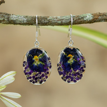 Purple Mexican Flowers Oval Medium Hook Earrings