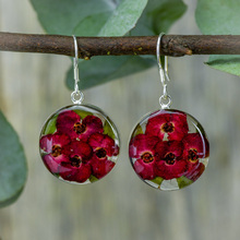 Red Mexican Flowers Round Medium Hook Earrings