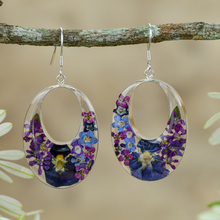 Purple Mexican Flowers Oval Cut Out Hook Earrings