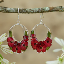 Red Mexican Flowers Oval Cut Out Earrings