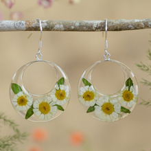 White Mexican Flowers Round Cut Out Hook Earrings