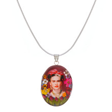 Frida Kahlo Mexican Flowers Red Bow Medium Necklace