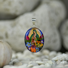 Blue Virgin of Guadalupe Mexican Flowers Medium Pendant