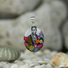 Frida Kahlo Beads Mexican Flowers Black and White Medium Pendant