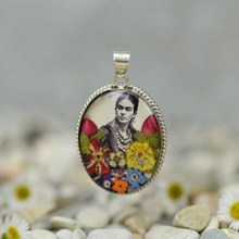 Frida Kahlo Beads Mexican Flowers Black and White Baroque Medium Pendant