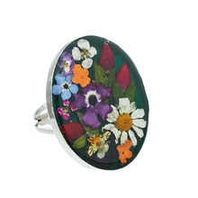 Green Oval Mexican Flowers Large Ring - Adjustable