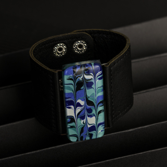 Blue White Marbled Glass and Leather Cuff