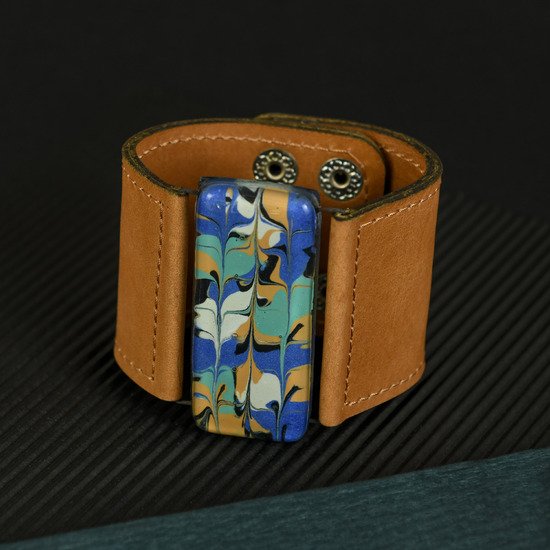 Serenity Blue Marbled Glass and Leather Cuff