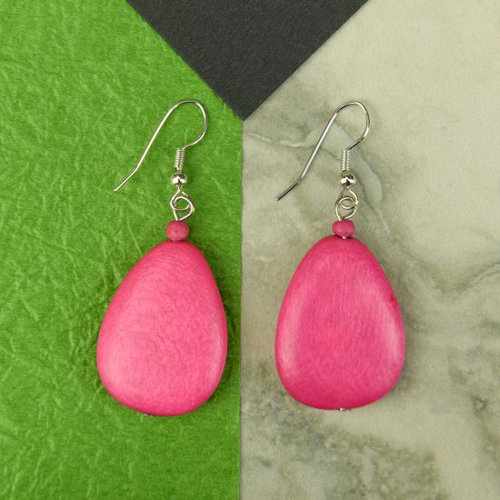 Fuchsia Flat Drop Wooden Earrings