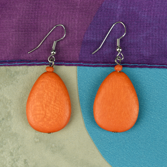 Lobster Orange Flat Drop Wooden Earrings