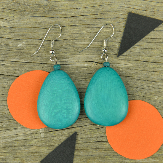 Turquoise Flat Drop Wooden Earrings