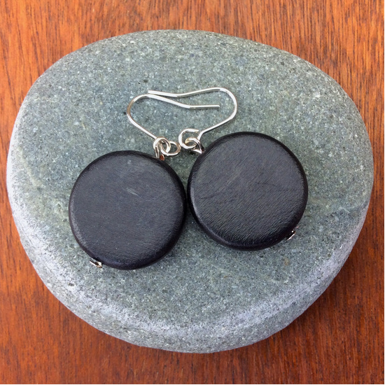 Black Lucinda Round Wooden Disc Hook Earrings