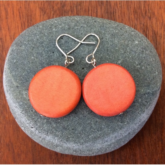 Coral Lucinda  Wooden Disc Hook Earrings