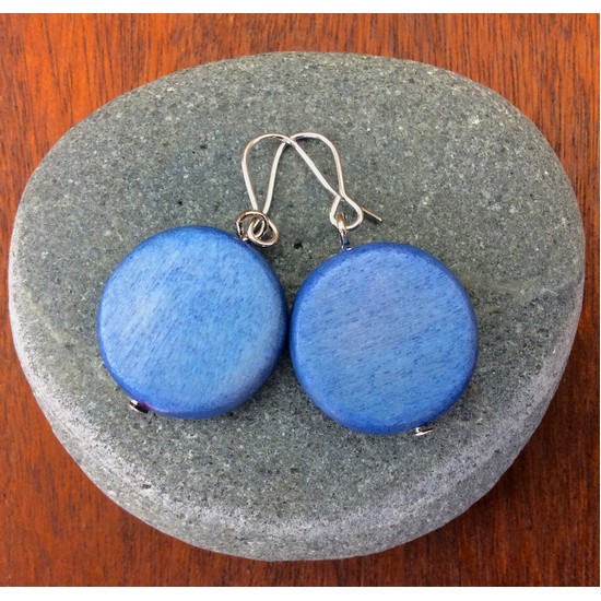 Denim Blue Lucinda  Wooden Disc Hook Earrings