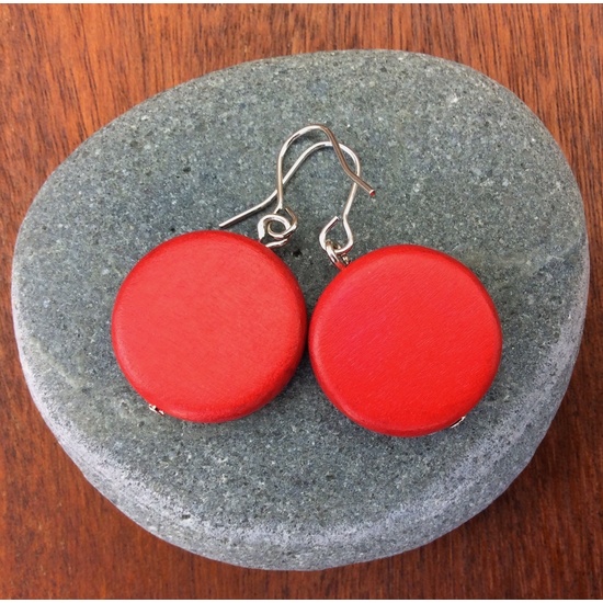 Red Lucinda  Wooden Disc Hook Earrings