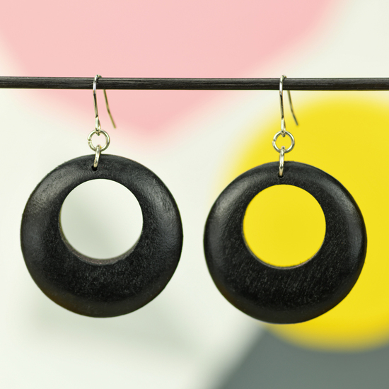 Black Round Cut Out Wooden Earrings