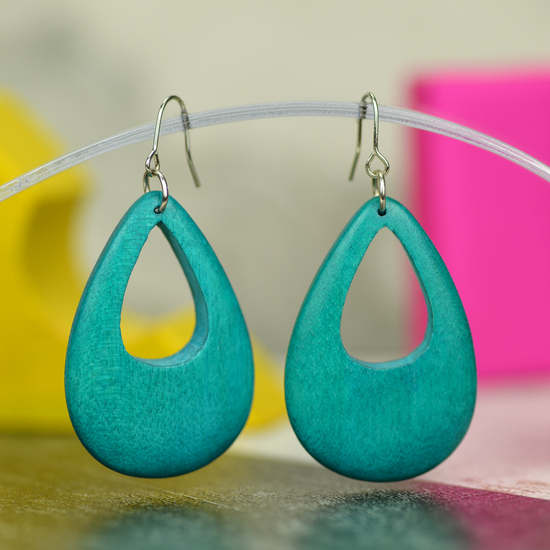 Turquoise Cut Out Drop Wooden Earrings