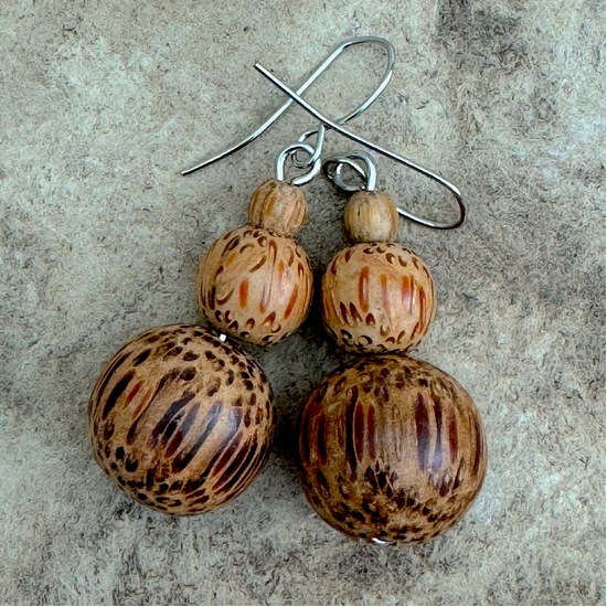 Natural Coconut Palmwood Grace Triple Baubles Wooden Earrings