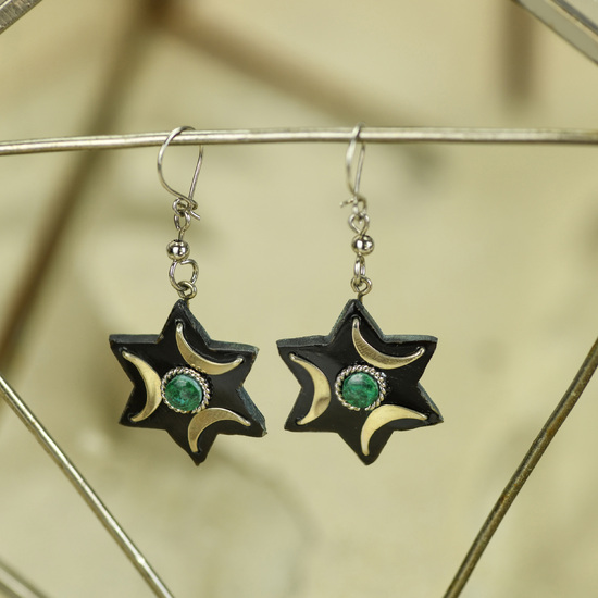 Chrysocolla Stone with Alpaca on Cow Horn Earrings