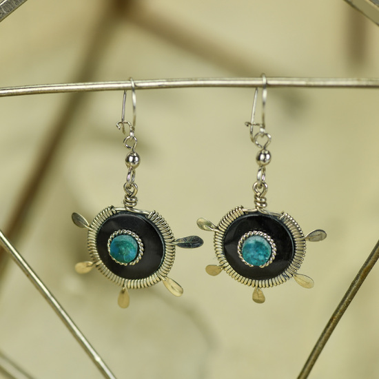 Chrysocolla Stone with Alpaca on Cow Horn Earrings