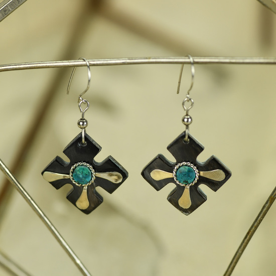 Chrysocolla Stone with Alpaca on Cow Horn Earrings