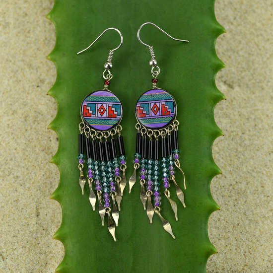 Hand painted Ceramic Purple Inca Earrings