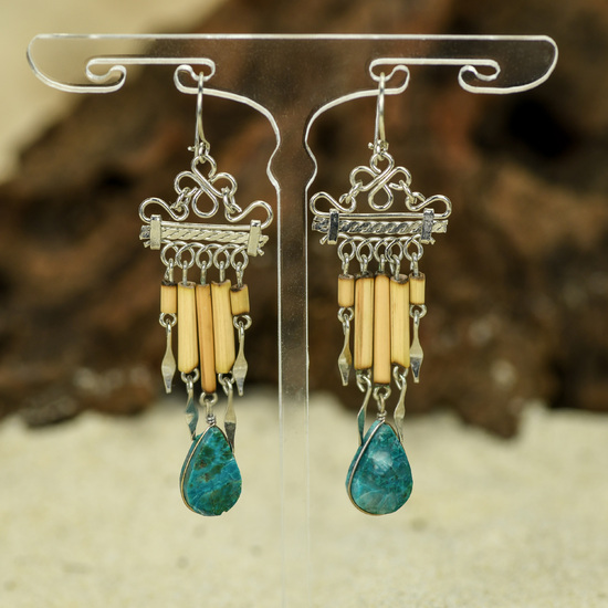 Chrysocolla with Alpaca and Bamboo Inca Earrings