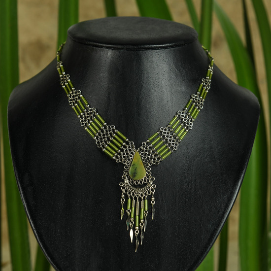 Green Serpentine and Alpaca Inca Necklace
