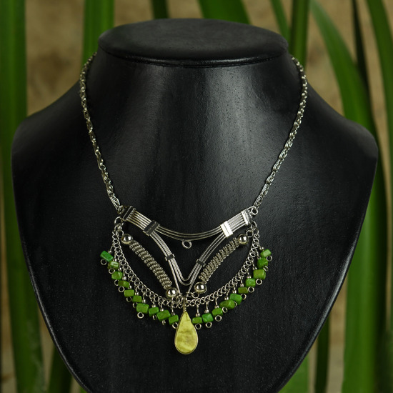 Green Serpentine and Alpaca Inca Necklace