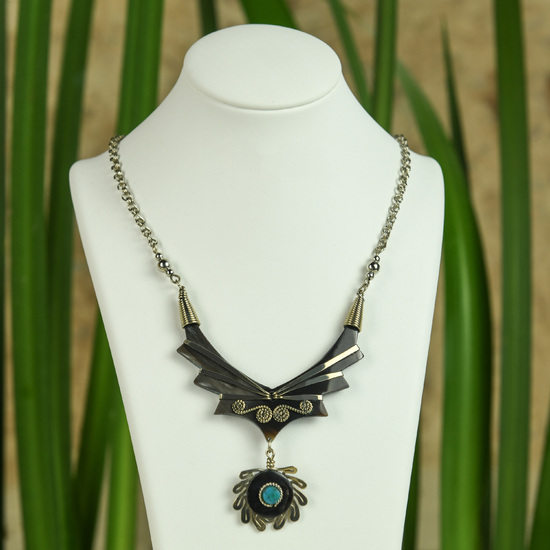 Peruvian Chrysocolla with Alpaca on Cow Horn Necklace
