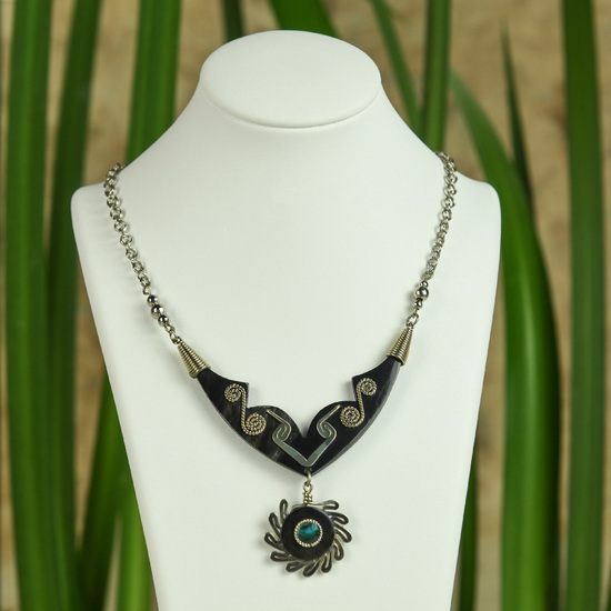 Peruvian Chrysocolla with Alpaca on Cow Horn Necklace
