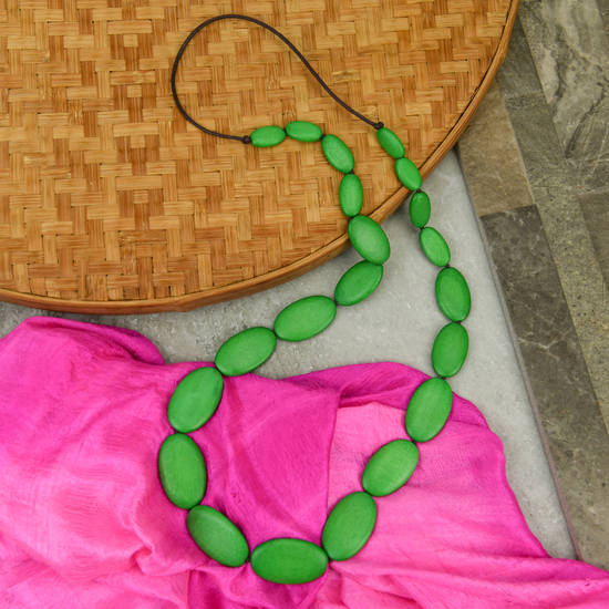 Moss Green Ophelia Long Graduated Wooden Ovals Necklace