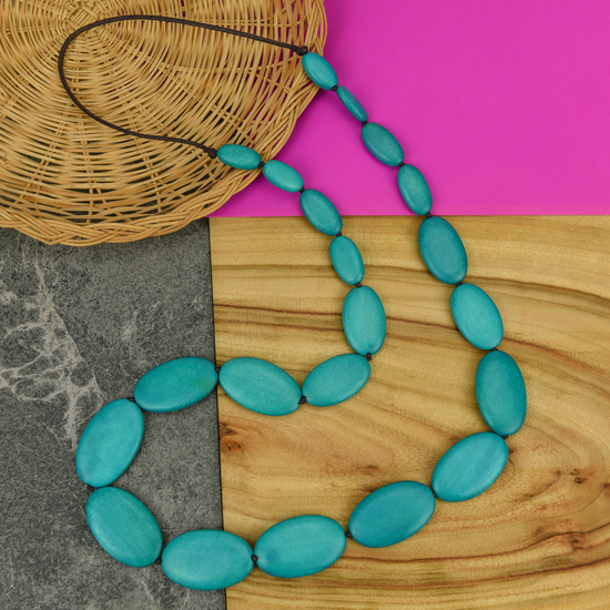 Turquoise Ophelia Long Graduated Wooden Ovals Necklace