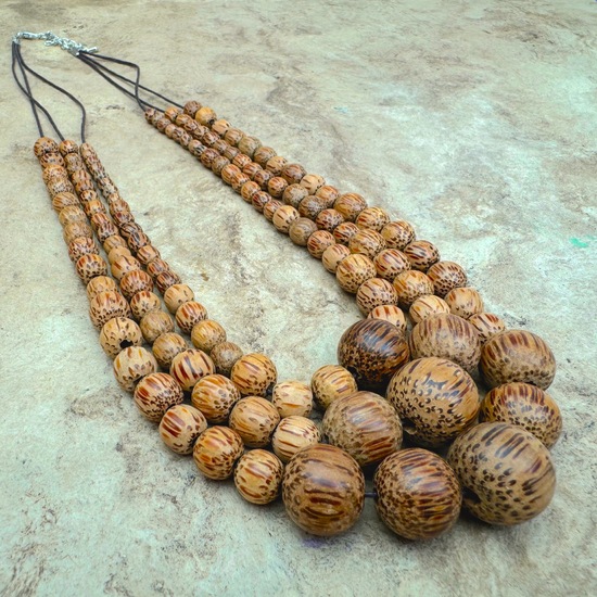 Natural Coconut Palmwood Matilda Triple Strand Spheres Short Wooden Necklace