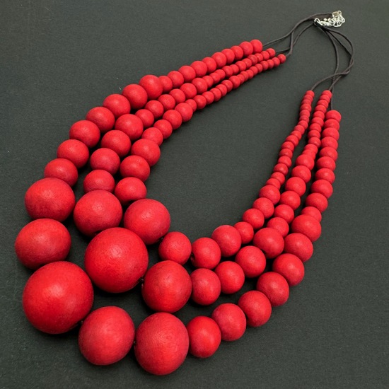 Red Matilda Triple Strand Spheres Short Wooden Necklace