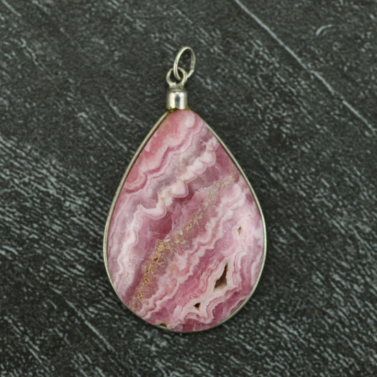 Argentine Rodocrosita Drop Pendant in Silver Wire