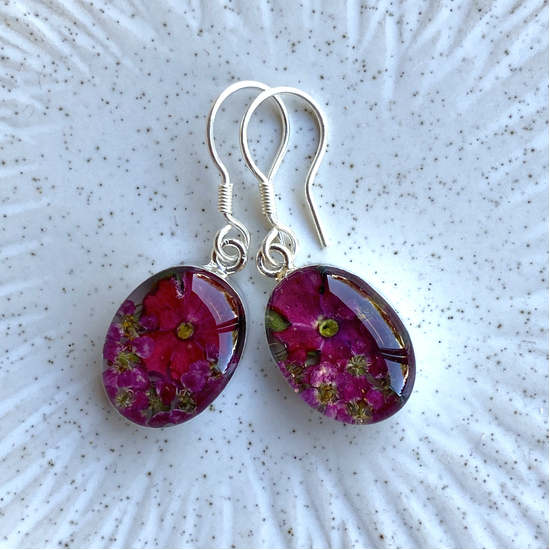 Fuchsia Mexican Flowers Oval Small Hook Earrings