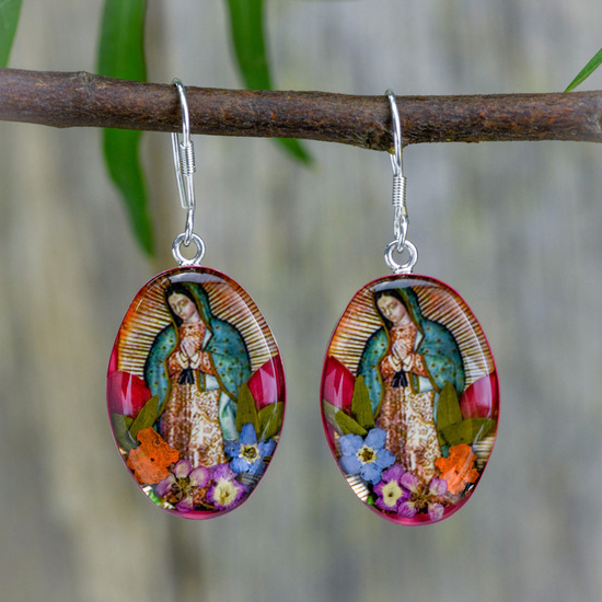 Virgin of Guadalupe Mexican Flowers Hook Earrings, Medium - Assorted